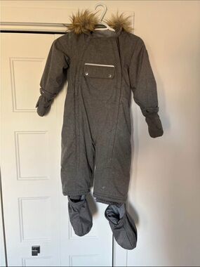 deux par deux Gray Faux-Fur Trim Hooded Snowsuit